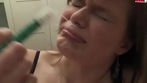 Hot Girl injects cum up her nose with syringe [no sound cool Videos
