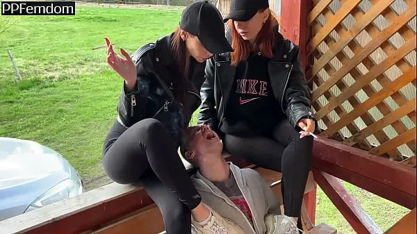 Hot Two Smoking Bitchy Girls Use Submissive Guy Like A Human Ashtray and Human Spittoon Slave On Public cool Videos